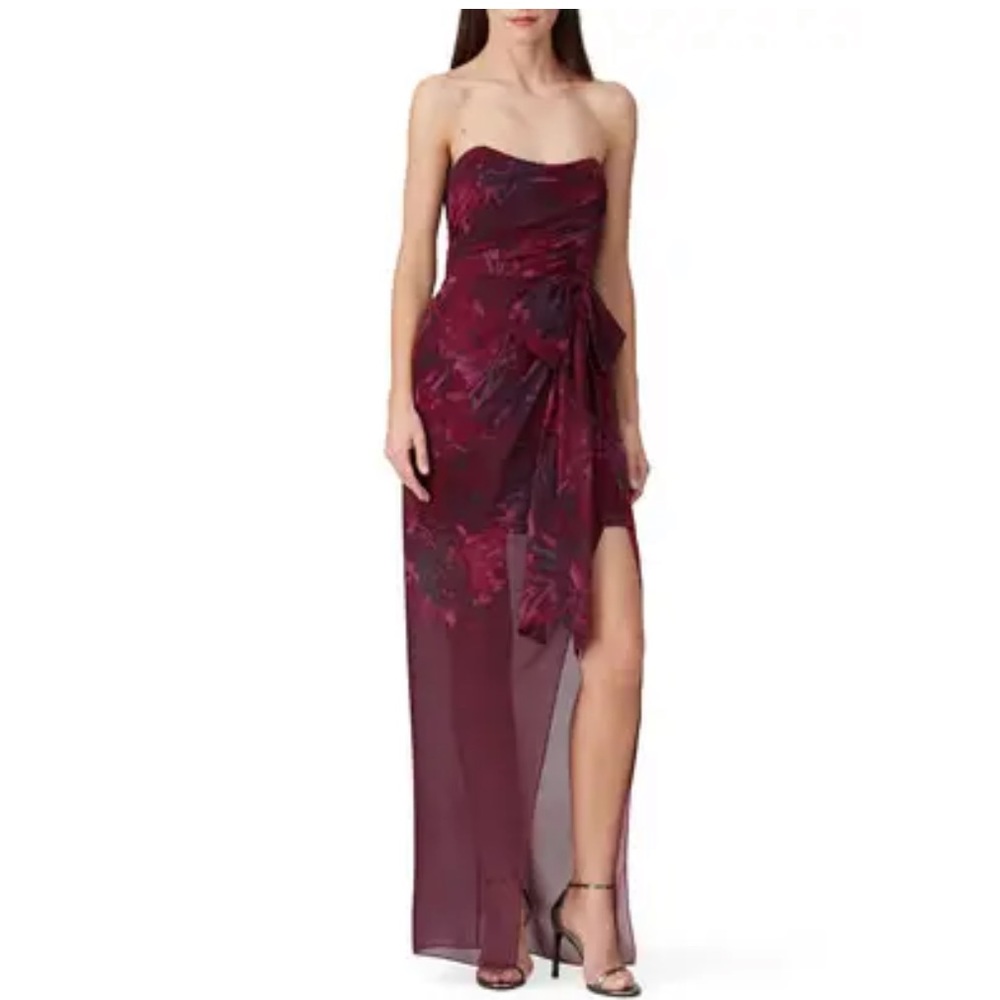 Badgley Mischka Red Floral Strapless Gown